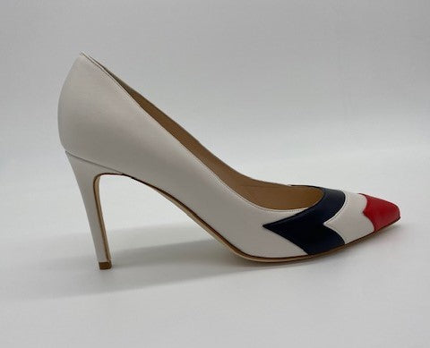 Lead solo air force inspired red white and blue pumps.