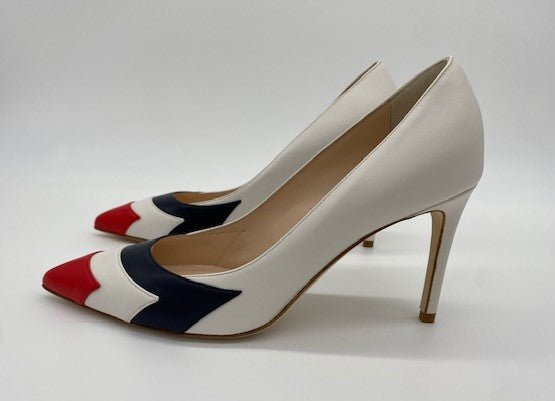 Lead solo air force thunderbird inspired red white and blue pumps.